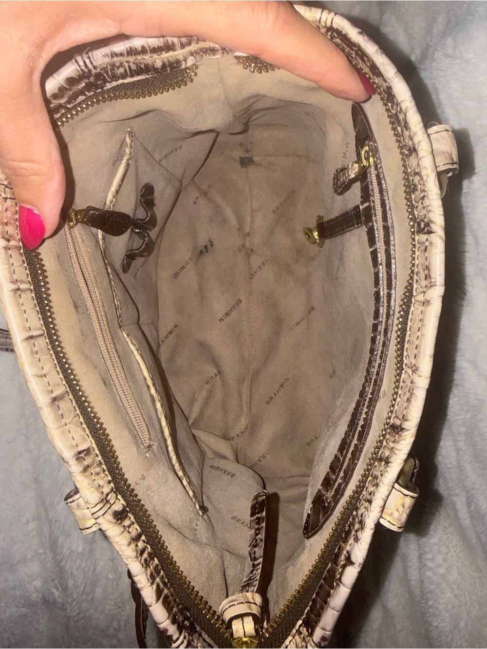 Brahmin Metallic Croc-Embossed Satchel in Bronze and Cream - Picture 3 of 5